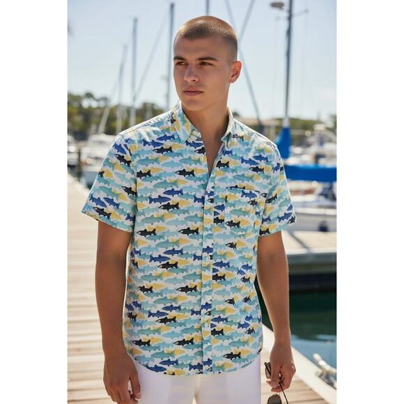 J Crew Other - M1191) J Crew Men Slim Flax Washed Button Down Collar Fish Print Short Sleeve M